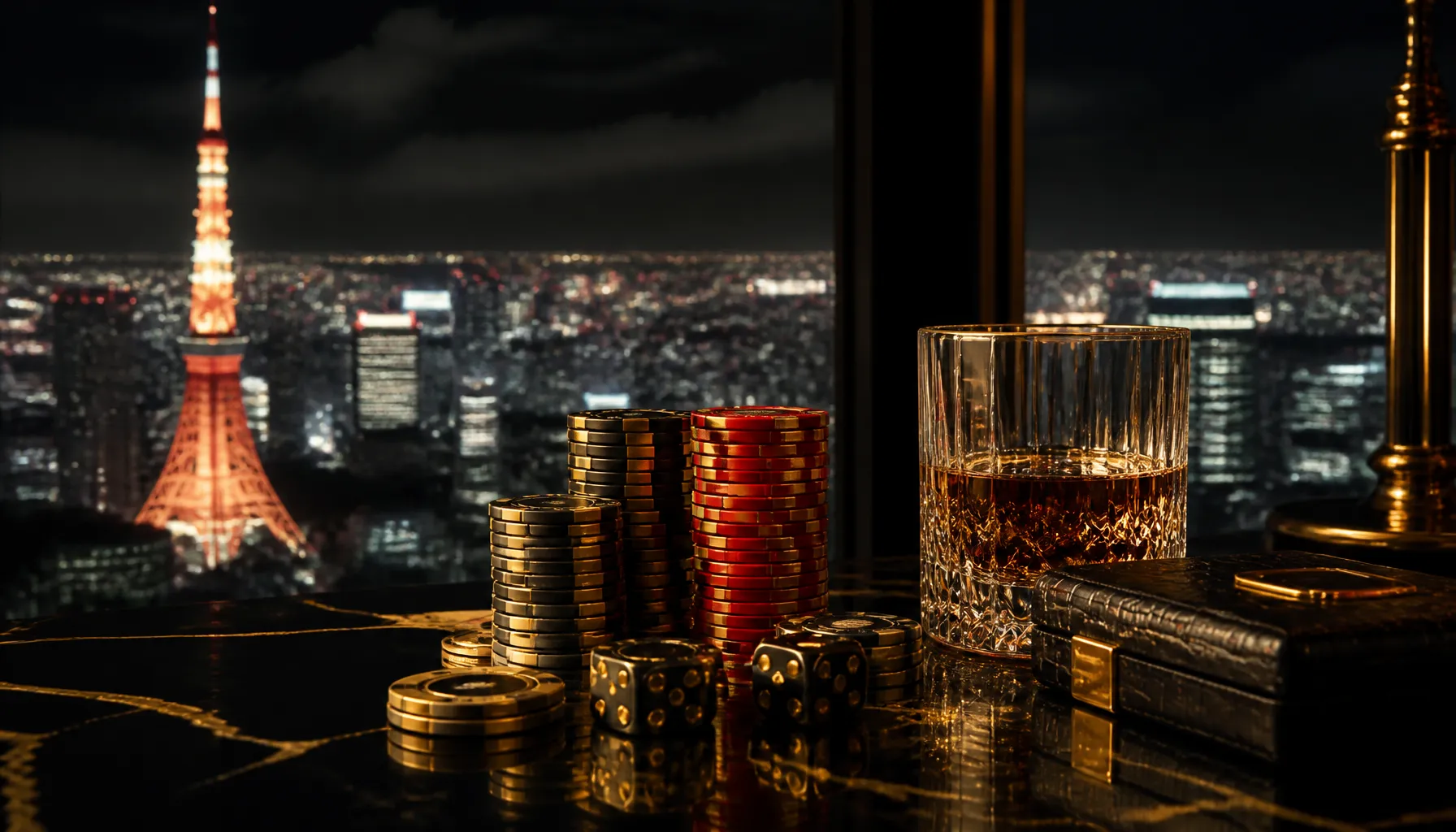 Cinematic luxury photograph of a sleek modern Tokyo cityscape blur with vibrant neon reflections on a lacquered surface