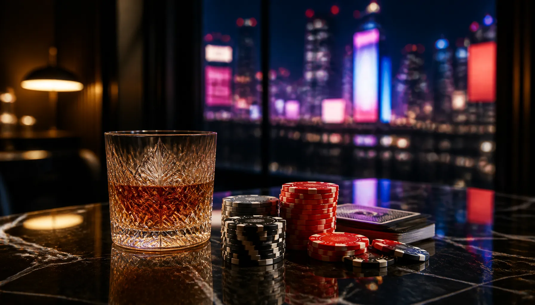 Cinematic luxury photograph of a sleek modern Tokyo cityscape blur with vibrant neon reflections on a lacquered surface