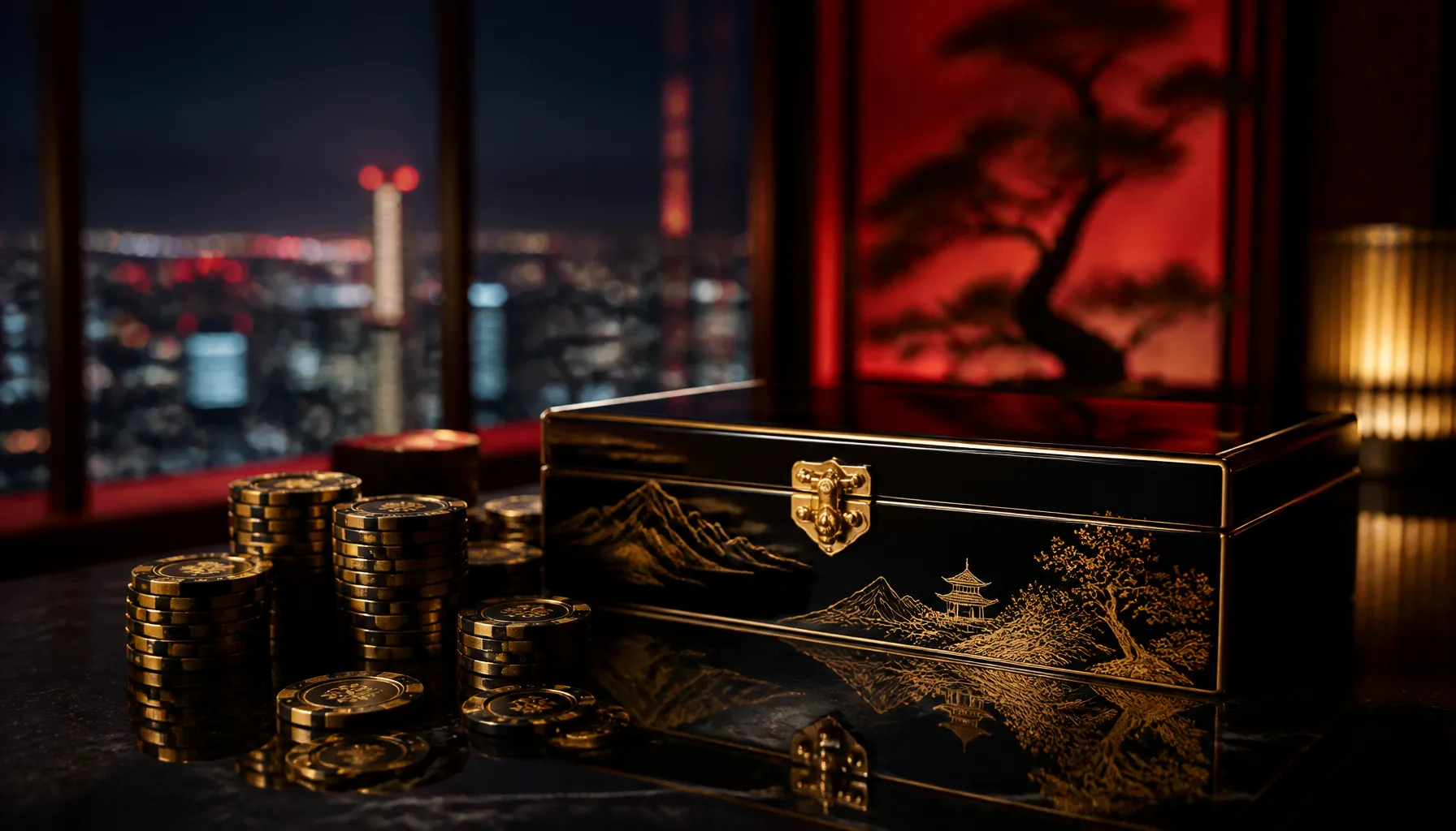 Cinematic luxury photograph of a sleek modern Tokyo cityscape blur with vibrant neon reflections on a lacquered surface