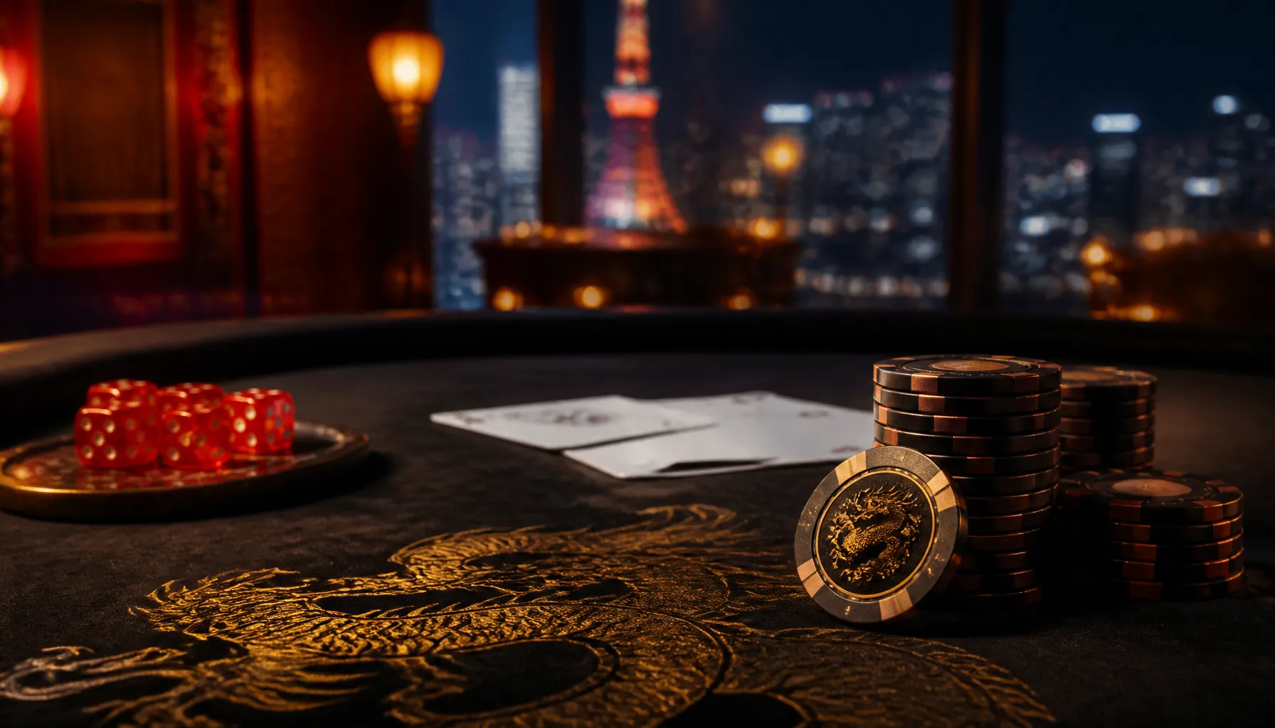 Cinematic luxury photograph of a sleek modern Tokyo cityscape blur with vibrant neon reflections on a lacquered surface