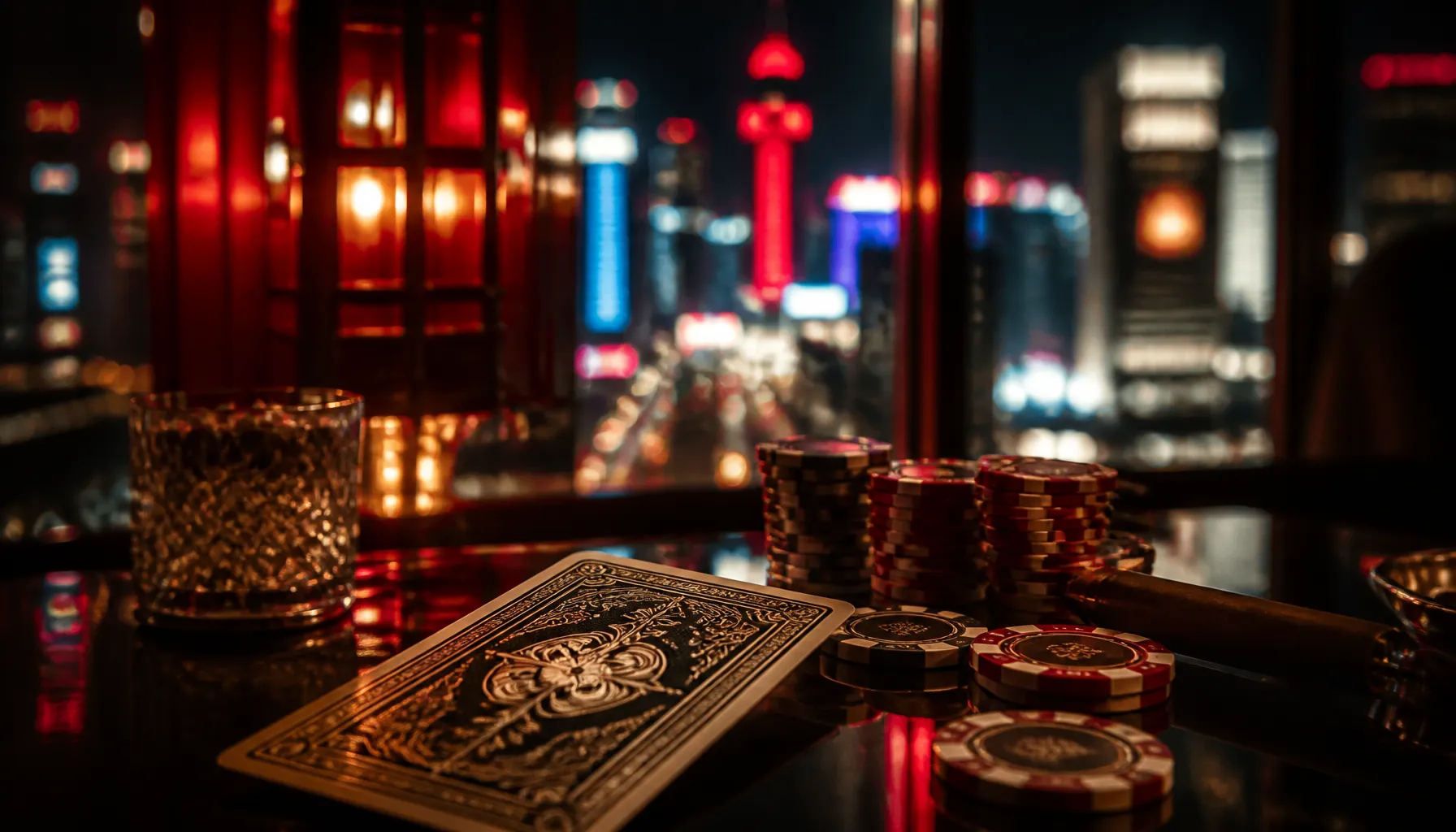 Cinematic luxury photograph of a sleek modern Tokyo cityscape blur with vibrant neon reflections on a lacquered surface