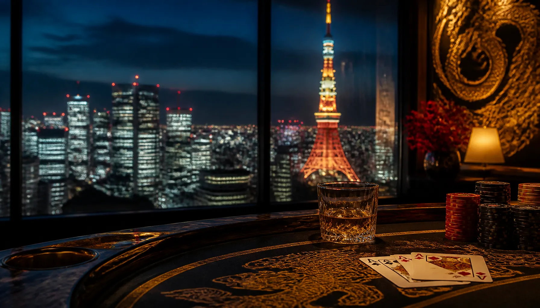 Cinematic luxury photograph of a sleek modern Tokyo cityscape blur with vibrant neon reflections on a lacquered surface