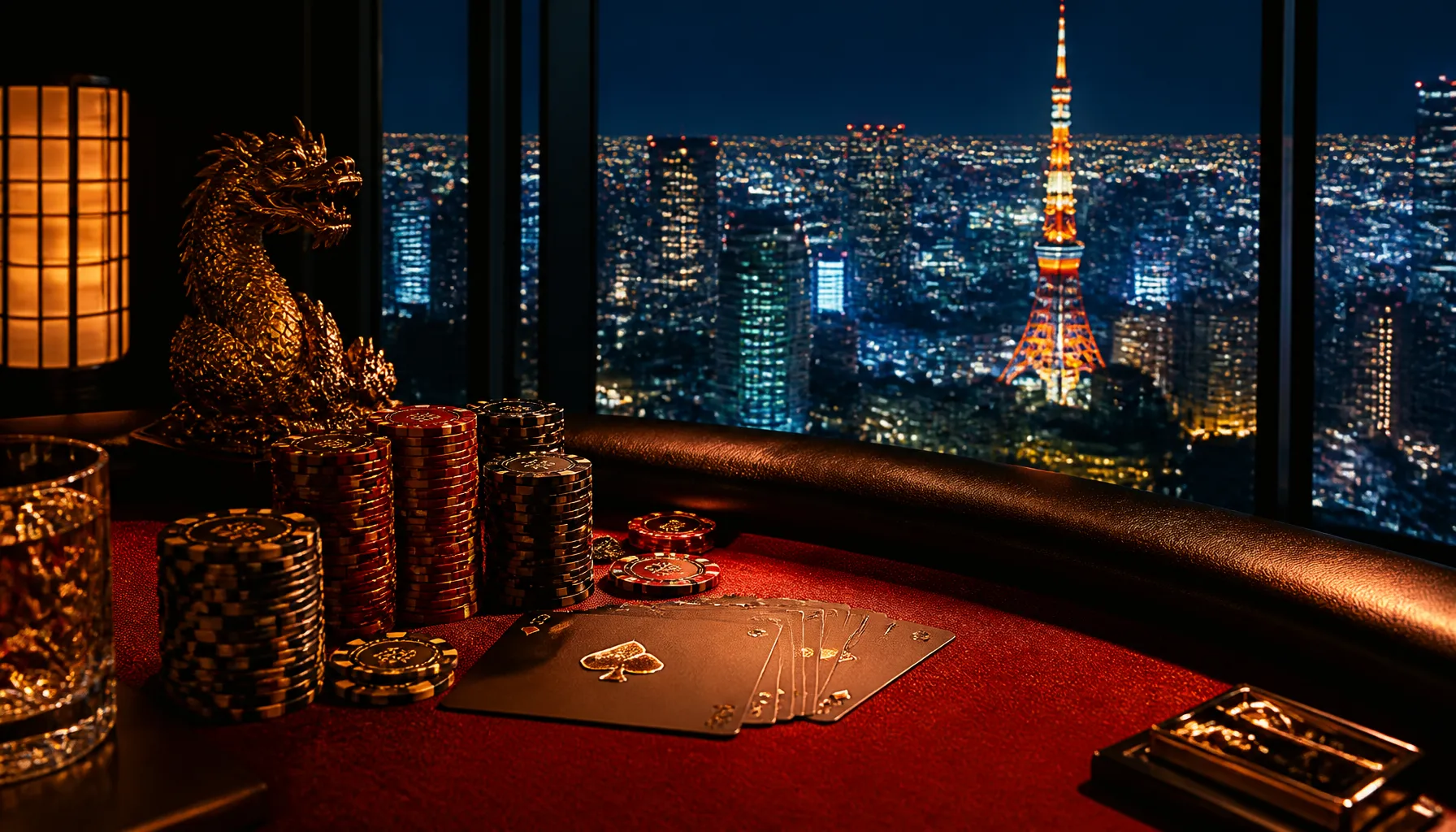 Cinematic luxury photograph of a sleek modern Tokyo cityscape blur with vibrant neon reflections on a lacquered surface
